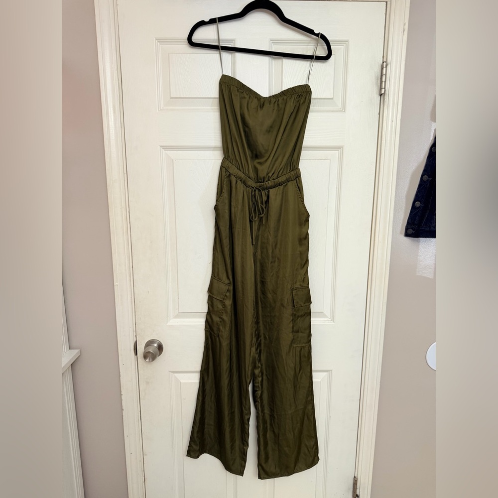 Vici Olive Strapless Wide-Leg Jumpsuit with Pockets